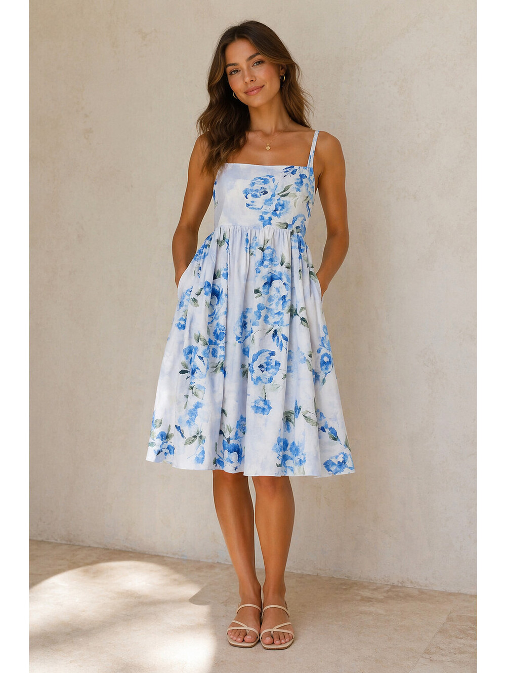 Willow XL Blue Floral Sundress Adjustable Straps Pockets Dress see measurement